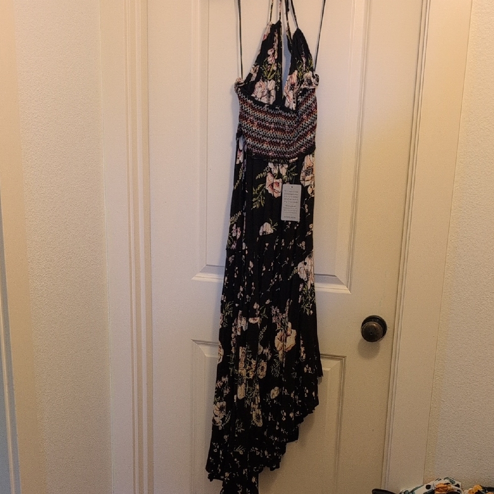 Angie Black Floral Asymmetrical Halter Dress
